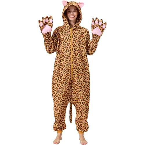 HMHMAWAHV Adult Leopard Costume Halloween Onesie Pajamas Animal One-Piece Cosplay Suit for Women and Men