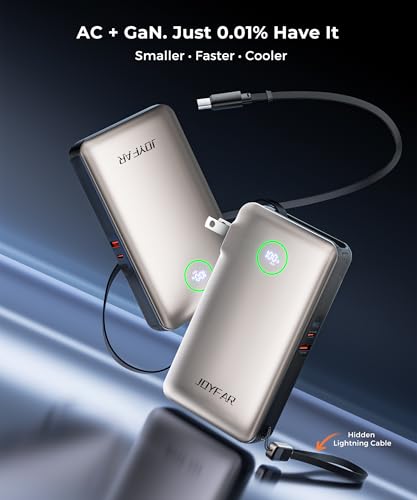 Image of JOYFAR Portable Charger Power Bank - Battery Pack 35W AC Plug GaN 10000mAh Built in Cable USB C Phone Fast Charging Powerbank Compatible with iPhone 16 15 14 13 12 11 X iPad MacBook Samsung (Gold)
