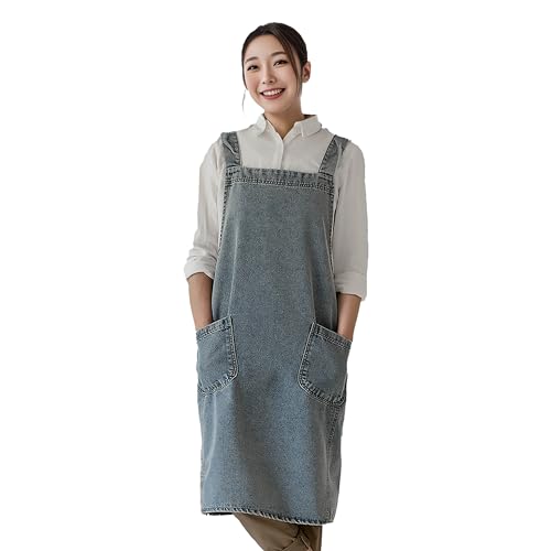[NAGAPO] デニムエプロン かぶるだけ バッククロス おしゃれ 大きいサイズ 多機能ポケット 男女兼用 保育士 北欧 ガーデン カフェ 綿100％ (ライトブルー)