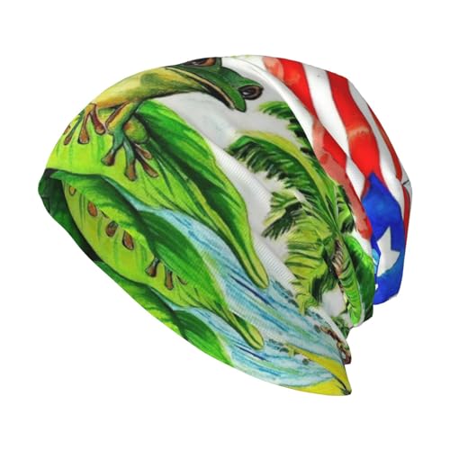 CHAbu Gorro de punto con la bandera de Puerto Rico con ranas y palmeras para adultos, gorro elástico, sin ala, casual, ligero, para correr, pesca, ciclismo, baile, Negro, Talla única
