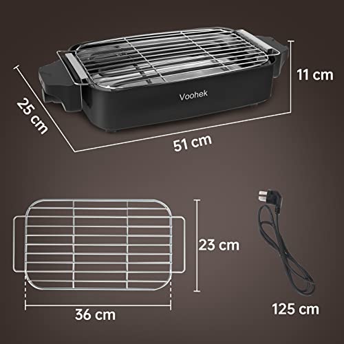 Barbacoa Sin Humo Barbacoa Portátil Parrilla Barbacoa Electrica BBQ Grill para Terraza con Bandejas Agua de Gote Control de Temperatura, Área de Parrilla 36 X 23 cm 1800 Vatios, Negro
