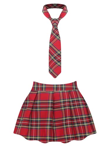 Aislor Mini Jupe Écolière Femme Jupe Ecossais Évasé Tartan Plissé Court Jupes Plissée Patineuse Basique Etudiante Jupes Plaid Uniforme Cosplay Jupe Cravate Rouge S