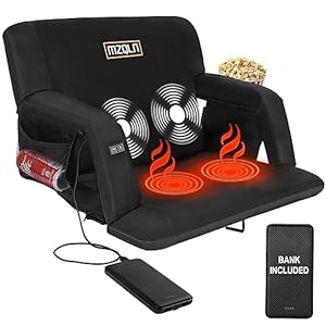 Heated Massage Reclining Stadium Seat, Bleacher Chair with 10000mAh Portable Bank, 6 Reclining Positions for Camping, Games & Sports