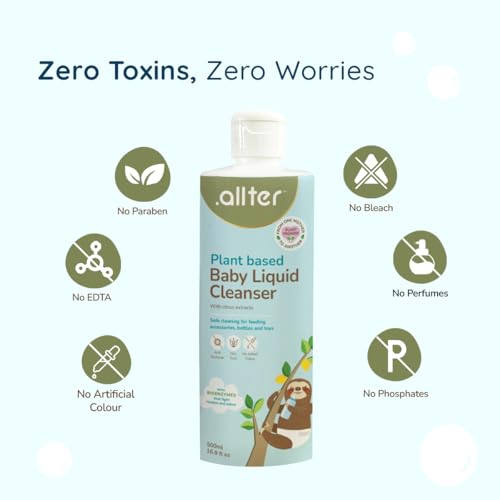 Image of .allter Plant Based Baby Liquid Cleanser for Bottles, Nipples, Toys & Utensils, With Coconut Cleansers & Natural Citrus Extracts | Residue-Free, Toxin-Free, Antibacterial | 500ml, Pack of 2