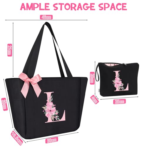 Vavabox A-Z Initial Personalized Tote Bag, Waterproof Gifts for Women, Bridesmaids, Mom, Teachers, Friends (03-Black Set, L) - Image 3