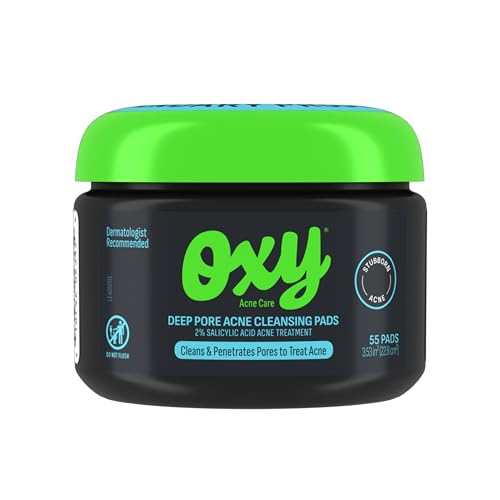 Oxy Deep Pore Acne Facial Cleansing Pads, Maximum Strength 2% Salicylic Acid Stubborn Acne Treatment, Fights Breakouts, Exfoliates, Unclogs, Treats Blackheads, Dermatologist Recommended, 55 Pads