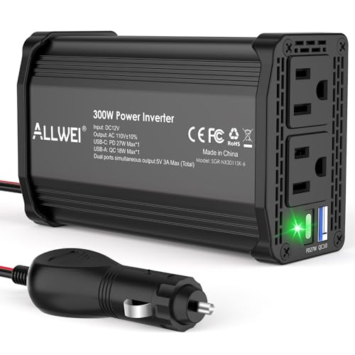 300W Car Power Inverter 12v to 110v, Car Plug in Adapter Outlet with PD 27w USB-C and Fast Charger 18w USB-A, Car Outlet Adapter, Car Converter to Out