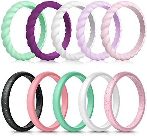 Forthee 10 Pack Silicone Wedding Ring for Women, Thin and Braided Rubber Band, Fashion, Colorful, Comfortable fit, Skin Safe,Size 7