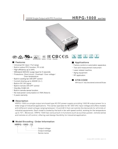 HRPG-1000-12 alimentation à découpage N3 pour systèmes électroniques