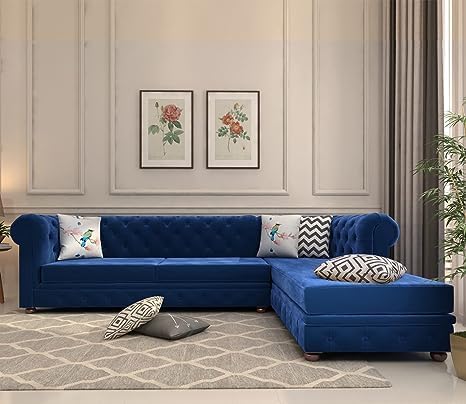 Image of Solid Wood Velvet Fabric L Shape Sofa Sofa for Living Room Button Tufted Sofa Chair for Home & Office (Left Aligned L-Shaped (Left Aligned L-Shaped Blue)