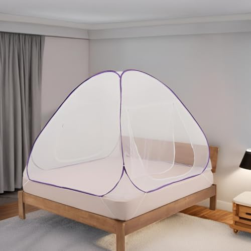 Image of Wakefit Mosquito Net for Double Bed | Queen Size Foldable Machardani | Polyester 30GSM Strong Net | Lightweight Breathable & Washable | PVC Coated Corrosion Resistant Steel Wire | Purple | 200x180 CM