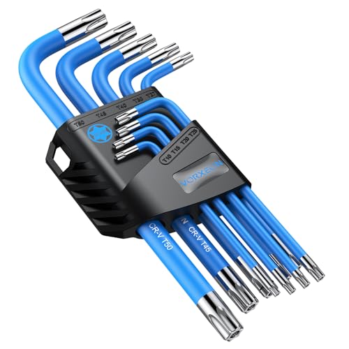 VORXEON Jeu de Clé torx percée coudée T10 à T50, 9 Pièces Clé Star étoile Cle Alle Antidérapant Résistant à la rouille avec support pliable