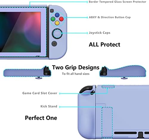 PlayVital AlterGrips Dockable Protective Case Ergonomic Grip Cover for Nintendo Switch, Interchangeable Joycon Cover w/Screen Protector & Thumb Grip Caps & Button Caps - Light Violet - 4