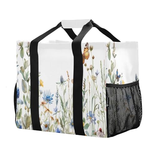 YETTASBIN Herbal Wildflower Large Foldable Travel Tote Bag, Lightweight Waterproof Swim Pool Bag with Handles & Pocket for Beach Outdoor, Reusable Grocery Bag for Kitchen, Shopping