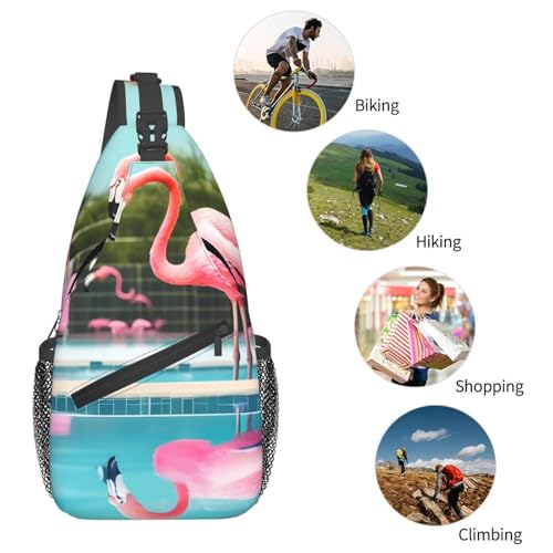Mochila tipo bandolera unisex con estampado flamingo y piscinas miniatura 6