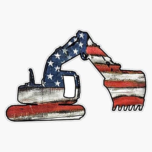 USA Flag Track Loader Hoe Excavator Trackhoe, 5 inches - Construction Equipment Vinyl Decal Bumper Sticker