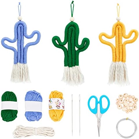 FREEBLOSS 3 Set Cactus Macrame Wall Hanging Handmade Woven Tassel Ornament for Home or Nursery Baby Kids Room Decor Cactus Macrame Kit for Beginners