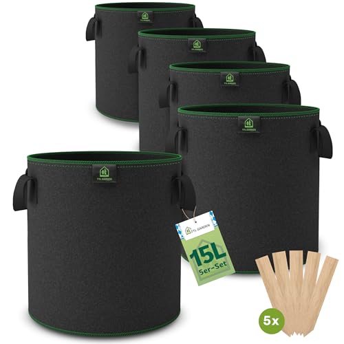 TTL GARDEN 5X 15L Pflanzsack aus Vlies Stoff - 5er Set 15 Liter Pflanztaschen aus 300 g/m Filz & Vliesstoff Pflanzgefäß Pflanzbeutel Wachstumstasche für Balkon Terrasse Gewächshaus & Garten