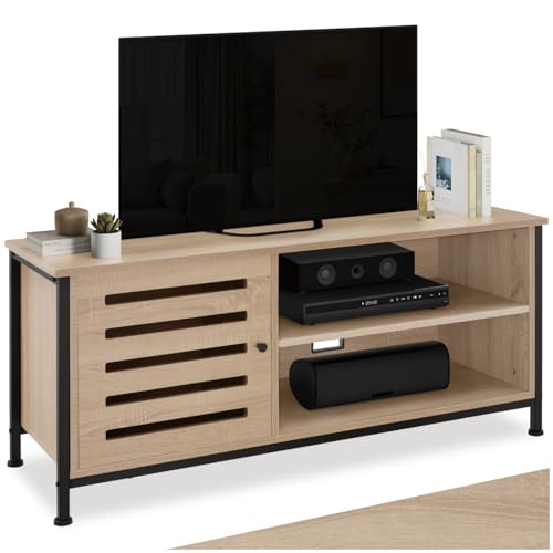 tectake® Meuble TV 110 x 41,5 x 50,5 cm, Banc TV avec 2 étagères et 1 Compartiment fermé, Style Industriel, Meuble Tele avec encoches arrière, Meubles de...