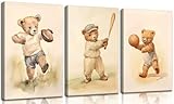 3Pcs Teddy Bear Sports Nursery Animal Canvas Wall Art Cute Woodland Baby Bear Rugby Wall Decor Pictures Football Basketball Baseball Kids Room Posters Prints for living Children Bedroom Decoration