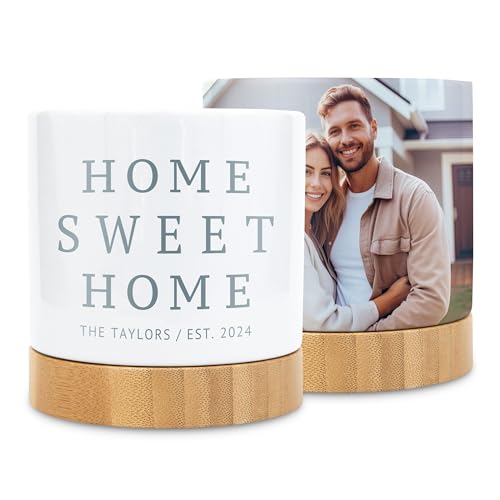 WEDDINGSTAR Personalized Photo Ceramic Indoor Plant Pot with Drainage & Bamboo Saucer | Custom Small Decorative Pot for House Plants - Home Sweet Home