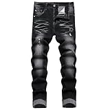 JUNBAOSS Men's Slim Fit Black Stretch Destroyed Ripped Skinny Denim Jeans Men's Stretch Biker Ripped Jeans with Zipper Straight Fit Denim Pants Fashion Mens Slim Fit Skinny Denim Jeans