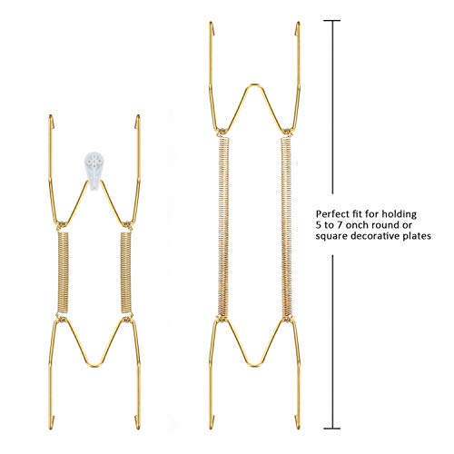 Image of Hotop 12 Pieces Plate Hangers for Wall Stainless Steel Wire Invisible Heavy Duty Plate Hangers Display Holders with 12 Pieces Hooks for Wall Decorative(6 Inch,Gold)