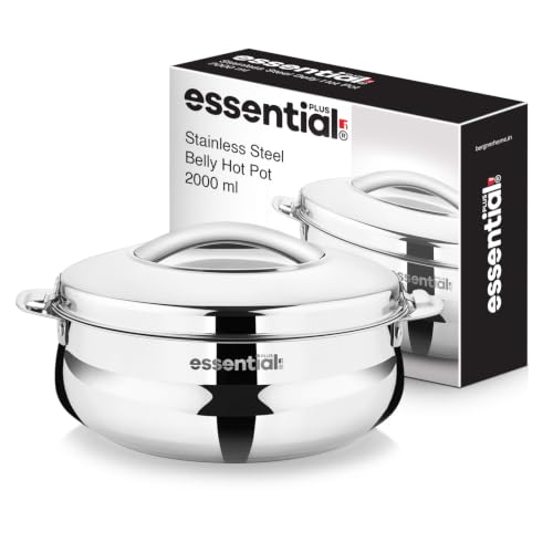 Image of BERGNER Essential Plus Stainless Steel Belly Shape Hot Pot 2000ml, Double Wall Roti Casserole, Food Grade, Hot and Cold Storage, for Rotis /Parathas /Pulao /Biryani, Hot for Hours, Easy to Clean