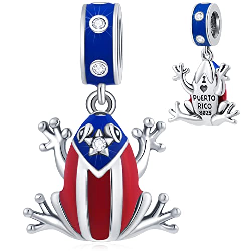 2025 Puerto Rico Coqui Charm, Frog Prince Pendant Charms, fit Pandora Animal Bracelet, 925 Sterling Silver Enamel Puerto Rican Flag Dangle Beads, Gifts for Vacation/Mothers Day/Travel - Main Image