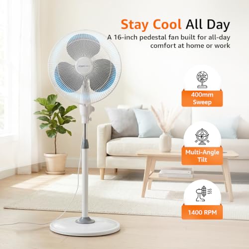 Image of amazon basics 16-Inch Pedestal Fan | Tilting Head | 1400 RPM | Silent Operation| 400mm Sweep Length (Grey) (ABPFNS)