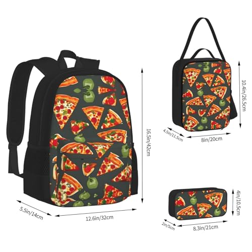 Pizza Pattern Print 3 Piece Backpack Set, Laptop Daypack, Lightweight Bookbag Set With Lunch Bag Pencil Case3