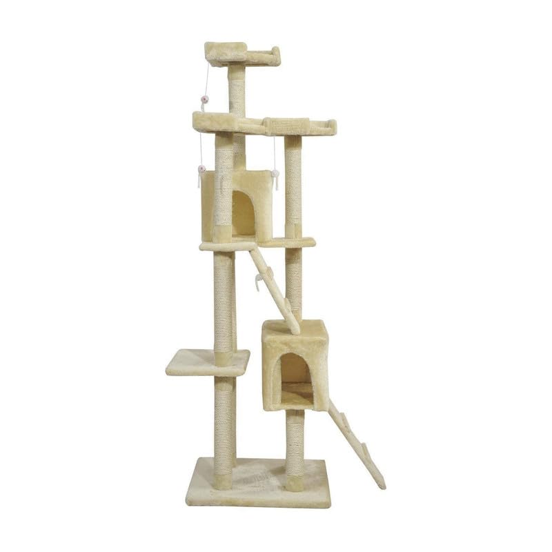 Pets Empire Extra Large Cat Tree with Stairs and House, Four Tower with 2 Plush Condos, Scratching Posts | Hanging Ball | 71.3 x 23.6 x 21.7 inch | Cream Colour Cat Tree for Kittens & Cats