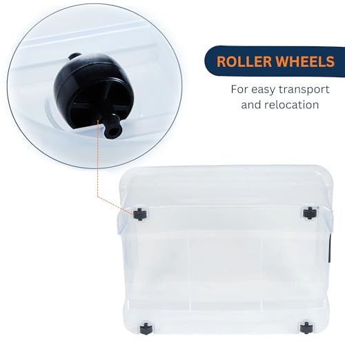 Image of Clear Heavy Duty Bulk Storage Container with Lids Pack of 4, 32 Litre | Stackable Plastic Bins with Handles & Rolling Wheels | BPA-Free, Multi-Purpose for Kitchen, Pantry, Office, or Garage