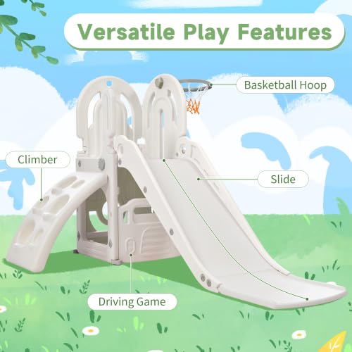 4 in 1 Toddler Climber and Slide Set, Kids Playground Climber Freestanding Slide Playset with Basketball Hoop Play Combination for Babies Indoor & Outdoor 3+ (Grey)