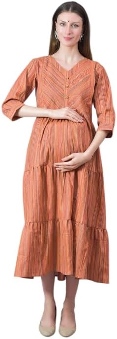 Mollar Maternity Nursing Maxi Dress Cotton Striped V Neck Button Front Side Zip 3/4 Sleeve Loose Fit Pregnancy Dress