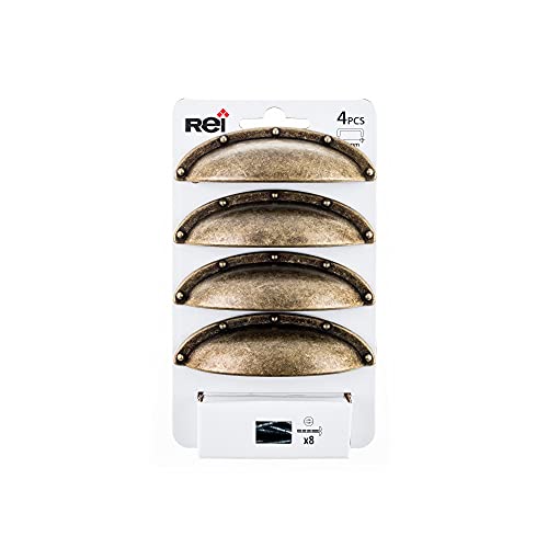 BLISTER CON 4 TIRADORES TIPO CONCHA FABRICADO EN ZAMAK ACABADO CUERO VIEJO MOD.2004 ENTREPUNTOS 64mm REI