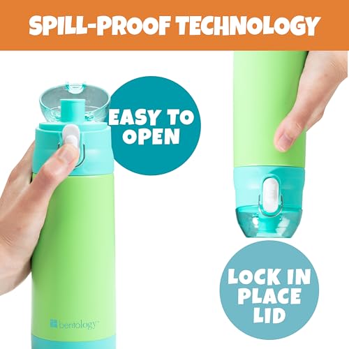 Image of Bentology Stainless Steel 13 Oz Reusable Water Bottle for Kids, Green | Double Wall Insulated, Spill Proof Lid W /Built-in Straw- Keep Liquids Hot or Cold- Easily Fits in Lunch Boxes & Bags