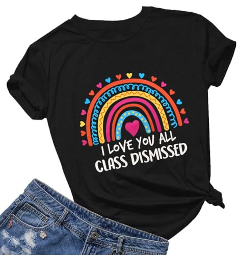 Teacher Shirts for Women Last Day of School Teacher T-Shirt manches courtes Class Dismissed Tee Tops, noir, Taille S