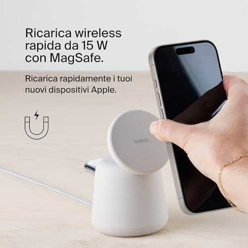 Belkin BoostCharge Pro Dock di ricarica wireless 2 in 1 con MagSafe 15 W, caricabatteria rapido per iPhone, stand compatibile con iPhone 16, 15, 14, 13 e 12, AirPods e altri dispositivi con MagSafe - 2