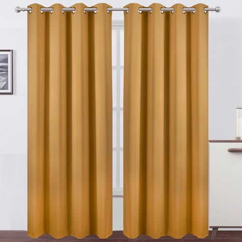 Image of LEMOMO Blackout Curtains 52 x 90 inches Long Mustard Yellow Curtains Set of 2 Panels Thermal Insulated Room Darkening Curtains for Bedroom