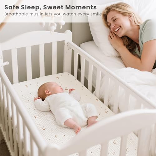 Image of Konssy 2 Pack Muslin Bassinet Sheets for Baby Boy, 100% Cotton Soft Breathable Bassinet Mattress Sheets Fit for Hourglass Oval Cradle Rectangle Mattress (Coffee Check,Moon)