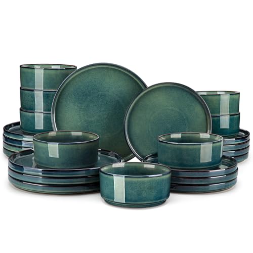 Image of vancasso Starry Plates and Bowls Sets for 8, 24 Pieces Green Dinnerware Sets for Kitchen, Modern Stoneware Dishes Set, Dishwasher and Microwave Safe