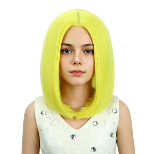 Image of Kids Yellow Wig Girls Light Yellow Bob Wig Child Short Bob Wig Middle Part Wig for Kids Synthetic Wigs with Wig Cap