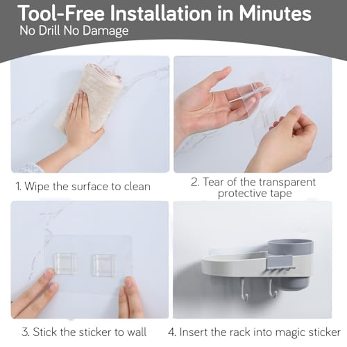 Image of HOKIPO Wall-Mounted Bathroom Shelf Organizer with Cup Holder & Hooks | No-Drill Self-Adhesive Plastic Rack | Toothbrush Holder | Bathroom Storage Shelf for Wall | Accessories Set (AR-6092)