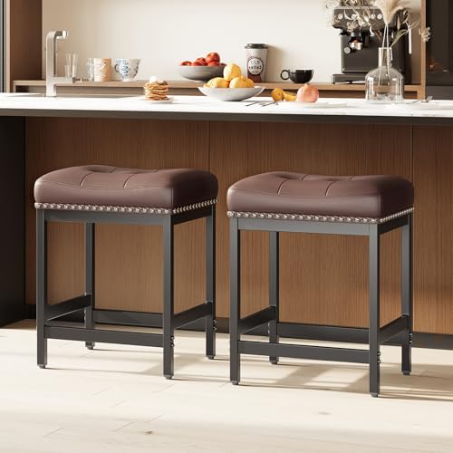 Image of MALOL Saddle Bar Stools Set of 2, 24 Inch Counter Height Backless Barstools - PU Leather Cushioned Seat, Metal Base & Footrest, Kitchen Island Breakfast Bar Chairs, Modern Brown