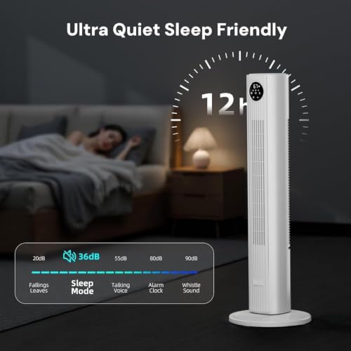 Image of Antarctic Star 36 inch Tower Fan for Bedroom, 85 Oscillating Standing Floor Fan, 3 Speeds 2 Modes, 23 ft /s High Velocity, 12H Timer with Remote, Portable Cooling Fan Living Room Office, White