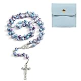 LIULINY 1 Satz Katholischer Rosenkranz, Katholisches Kreuz Rosenkranz Halskette, PU Schmuckbeutel, Kette zur Kommunion mit Retro-Kreuz, Rosa Glasperlen, für Taufe Hochzeit Kommunion Party (Lila)