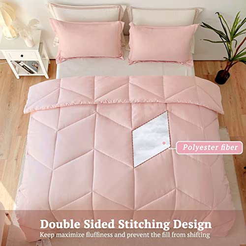 Mildly Pink Bedding Comforter Sets, Queen Comforter Set 100% Washed Microfiber Super Soft 3 Pcs, All Season Reversible Fluffy Down Alternative Quilted Comforter 88X88 Inches, 2 Pillow Shams #TOP2