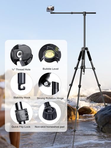 Image of elitehood Phone Tripod for Overhead Video Recording - Updated Horizontal 59-inch Adjustable Tripod for iPhone with 25in Long Extendable Arm, 360 Rotation iPhone Stand Holder for Overhead Recording