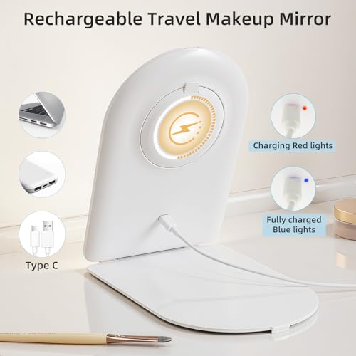 Image of FUNTOUCH Rechargeable Travel Makeup Mirror with Lights,Portable Lighted Compact Mirror with Small 10X Magnification,3 Color Lighting, Dimmable Touch Screen, Tabletop LED Folding Cosmetic Vanity Mirror